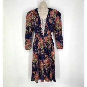 Jessica Howard VINTAGE Lace Inset Floral Midi Dress Sz 10 Navy Pink Purple Green
